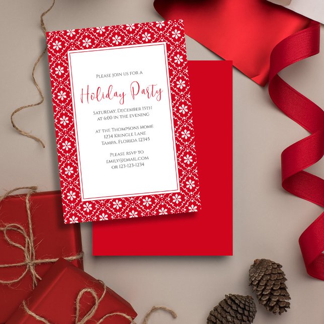 Christmas Holiday Festive Red Simple Snowflake Invitation (Christmas holiday party red snowflake pattern and stylish calligraphy invitation)