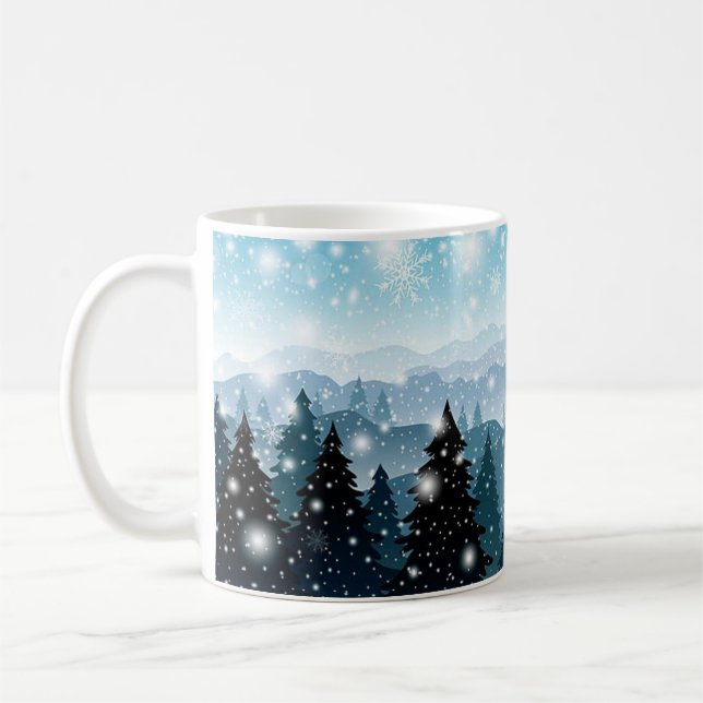 Christmas Holiday Festive Winter Snow Pine trees Coffee Mug (Left)
