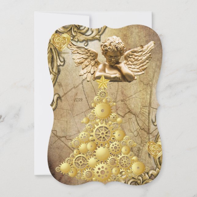 Christmas Holiday Flat Greeting Card, Gold Angel Card (Front)