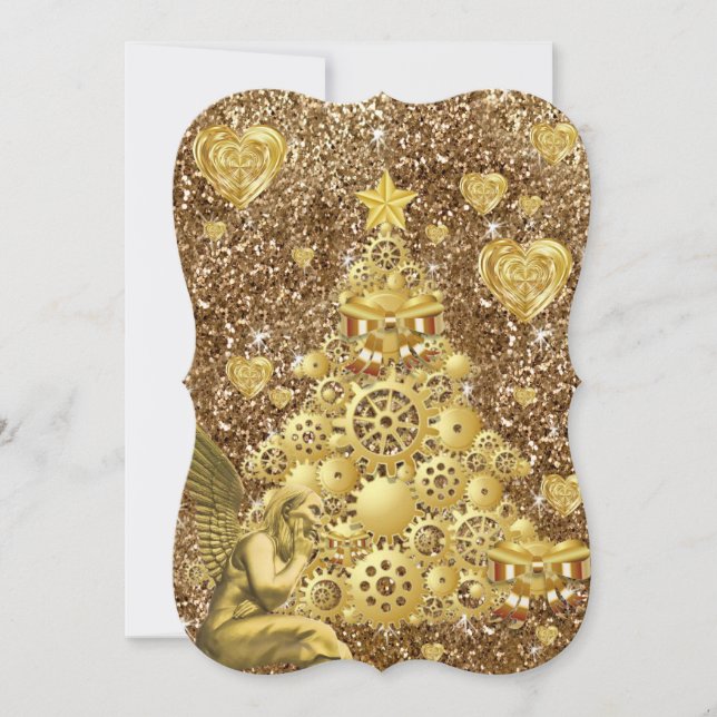 Christmas Holiday Flat Greeting Card, Gold Angel Card (Front)