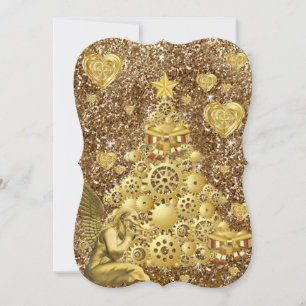 Christmas Holiday Flat Greeting Card, Gold Angel Card