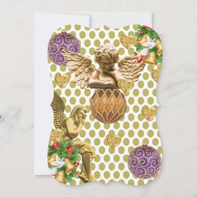 Christmas Holiday Flat Greeting Card,  Gold Angel Card (Front)