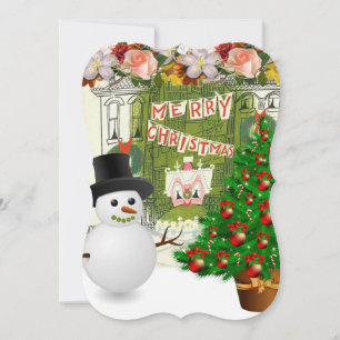 Christmas Holiday Flat Greeting Card, Snowman Card