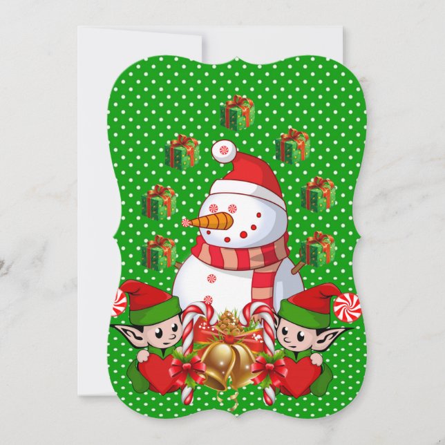 Christmas Holiday Flat Greeting Card, Snowman Elf Card (Front)