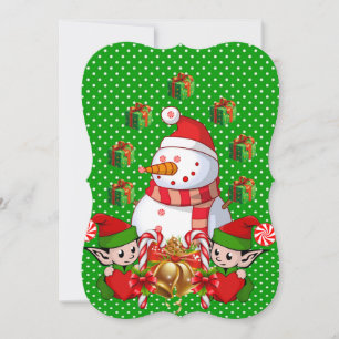 Christmas Holiday Flat Greeting Card, Snowman Elf Card