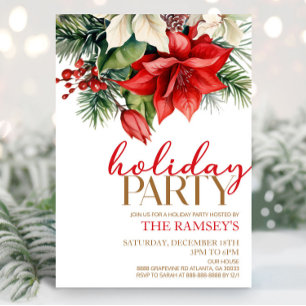 Christmas Holiday Floral Flowers Red Holiday Party Invitation