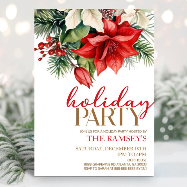 Christmas Holiday Floral Flowers Red Holiday Party Invitation (Creator Uploaded)