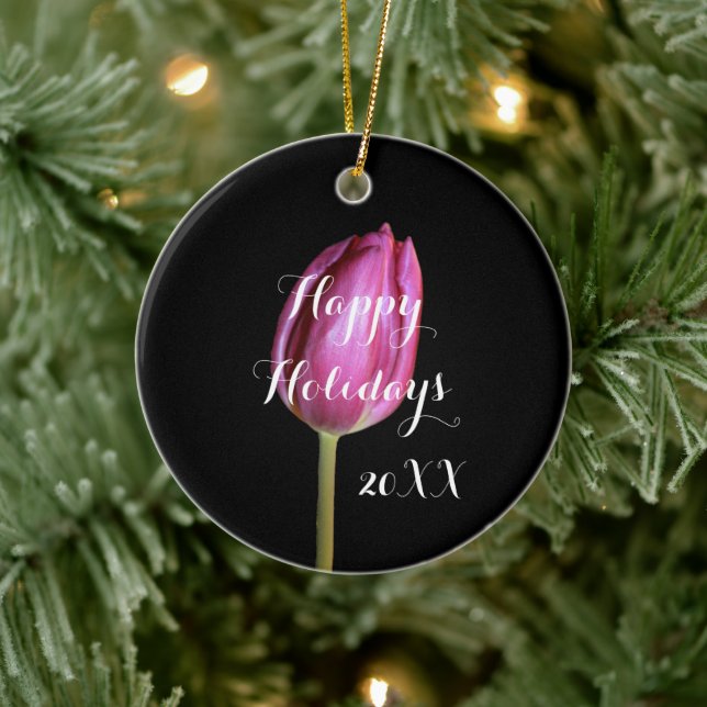 Christmas Holiday Floral Tulips Pink Pretty 2019 Ceramic Ornament (Tree)