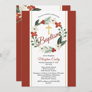 Christmas Holiday Floral Wreath Baby Baptism Invit Invitation