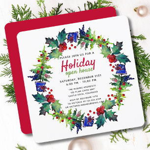 Christmas Holiday Floral Wreath Open House Invitation