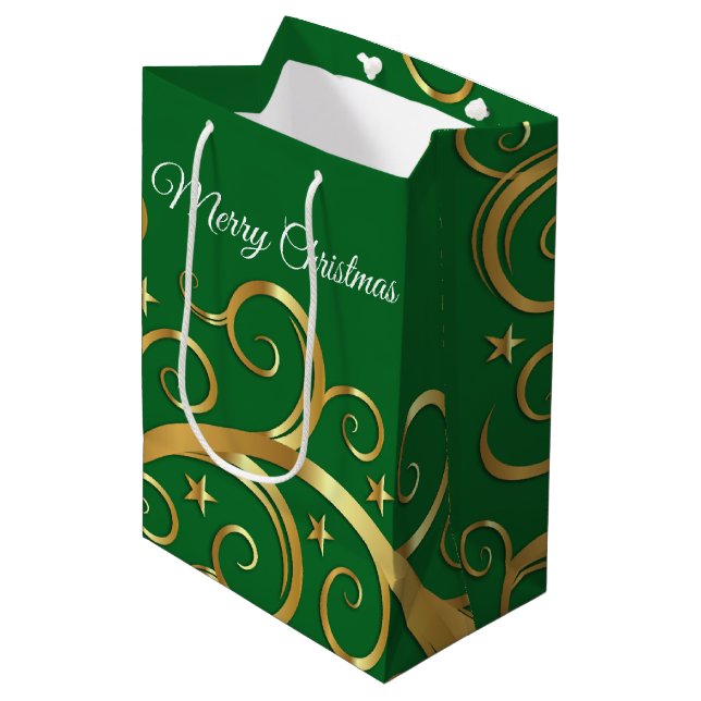 Christmas Holiday Gift Bag Majestic Swirls Green (Front Angled)