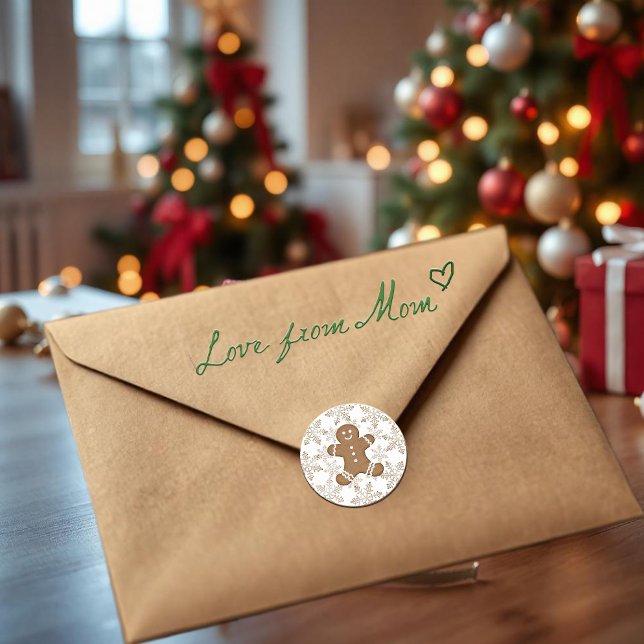 Christmas Holiday Gingerbread Man and Snowflakes Classic Round Sticker (Creator Uploaded)