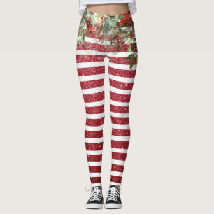 Christmas Holiday Glitter Pine Poinsettia Red Leggings