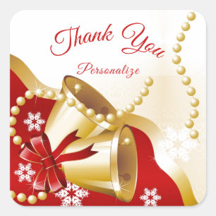 Christmas Holiday Gold Bells Thank You Personalise Square Sticker
