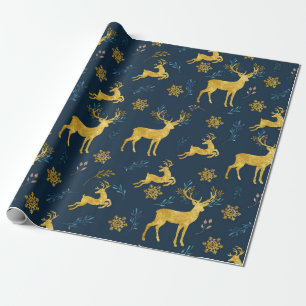 Christmas Holiday - Gold Deer on Navy Background Wrapping Paper