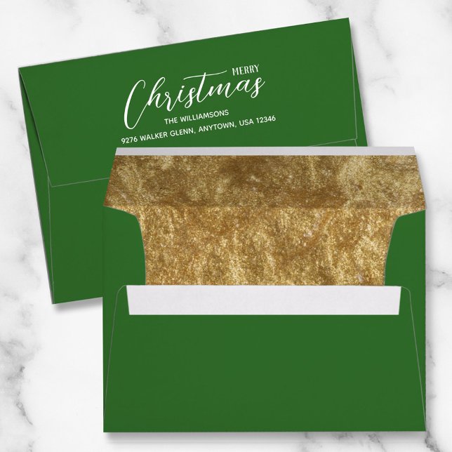 Christmas Holiday Gold Faux Foil Lined Green Envelope (Faux gold foil printed lining in green Christmas envelopes with FREE return address on the back )