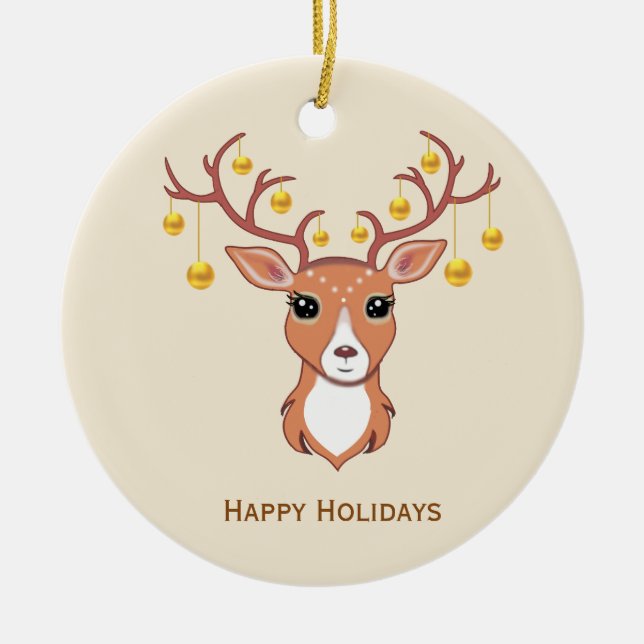 Christmas Holiday Golden Deer Ceramic Ornament (Front)
