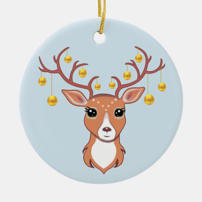 Christmas Holiday Golden Deer on Light Blue Ceramic Ornament (Front)