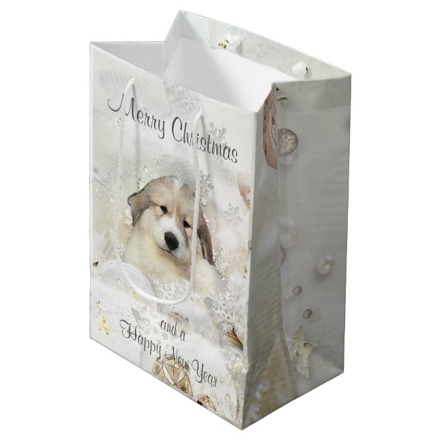 Christmas Holiday Great Pyrenees Pup Watercolor Medium Gift Bag (Front Angled)