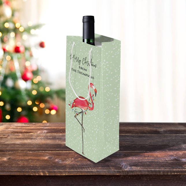 Christmas Holiday Green Pink Flamingo Snow Cute  Wine Gift Bag (Christmas holiday green with pink flamingo wine gift bag)