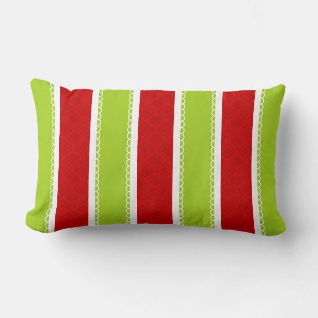 Christmas Holiday Green & Red Stripes Pattern Lumbar Cushion (Front)