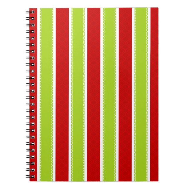 Christmas Holiday Green & Red Stripes Pattern Notebook (Front)