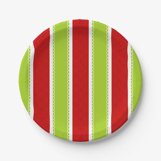 Christmas Holiday Green & Red Stripes Pattern Paper Plate (Front)
