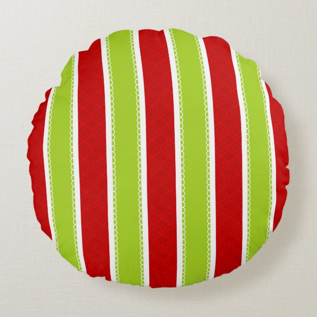 Christmas Holiday Green & Red Stripes Pattern Round Cushion (Front)