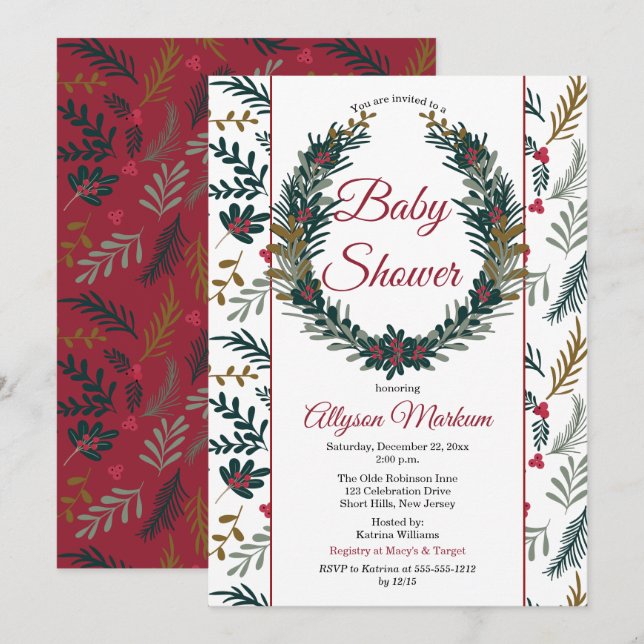 Christmas Holiday Greenery Wreath Baby Shower Invi Invitation (Front/Back)