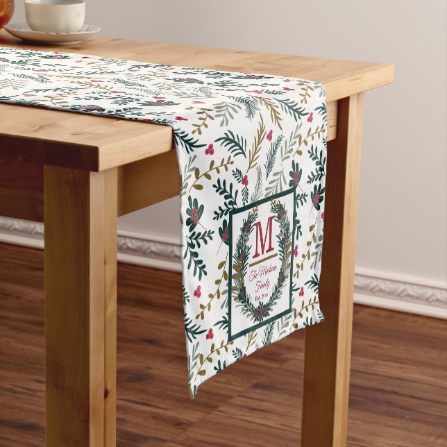 Christmas Holiday Holly Berries | Pine Monogram Sh Short Table Runner (In Situ)