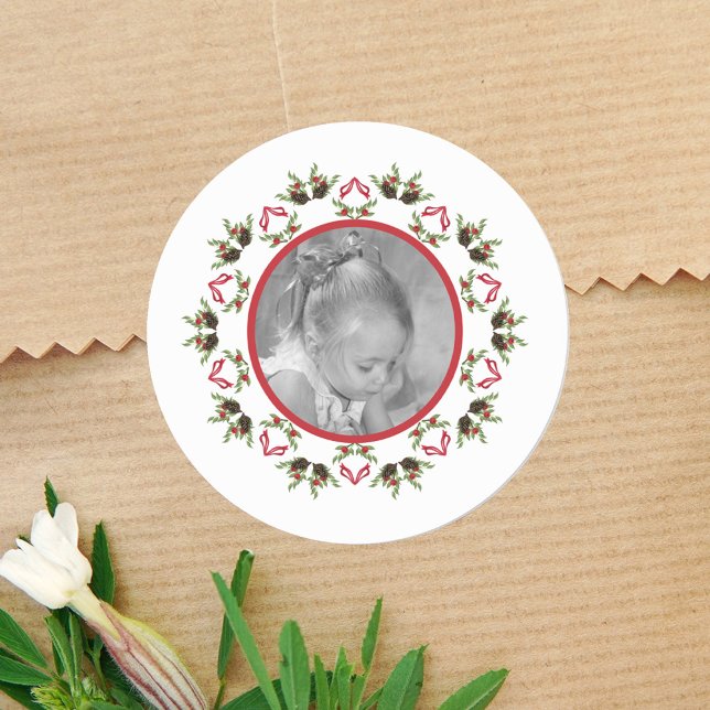 Christmas Holiday Holly Mandala Custom Photo Classic Round Sticker (Christmas cute simple mandala photo gift sticker.)