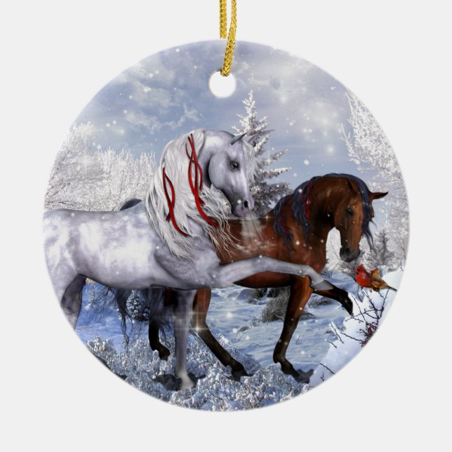 Christmas Holiday Horses Ceramic Ornament (Front)