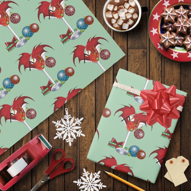 Christmas Holiday Joy Red Dragon Cocktail Cheer Wrapping Paper (Creator Uploaded)