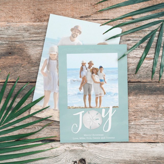 Christmas Holiday Joy Simple Trendy Beach 2 Photo (Christmas Holiday Joy Creative Typography Beach Photo Card with a two-photo template.)