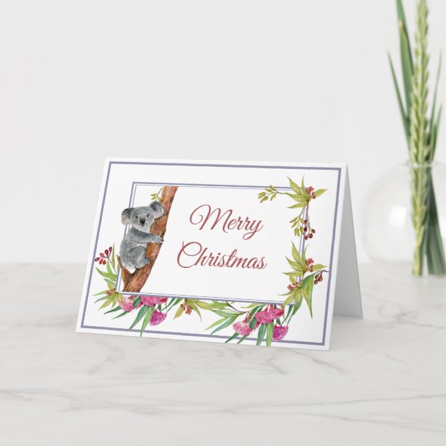 Christmas Holiday Koala Eucalyptus Tree Floral Card (Front)