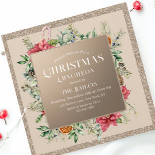 Christmas Holiday Luncheon Glitter Winter Floral Invitation