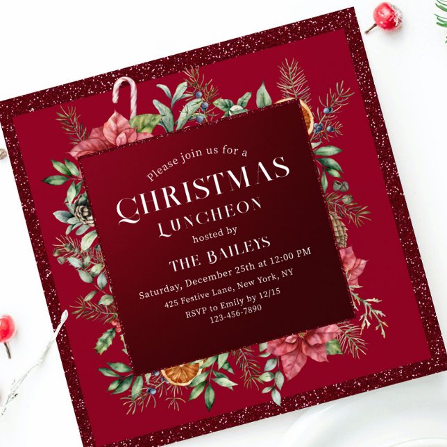 Christmas Holiday Luncheon Glitter Winter Floral Invitation (Creator Uploaded)