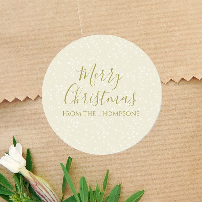 Christmas Holiday Modern Minimalist Gold Snow Classic Round Sticker (Merry Christmas gold calligraphy script custom round sticker. )