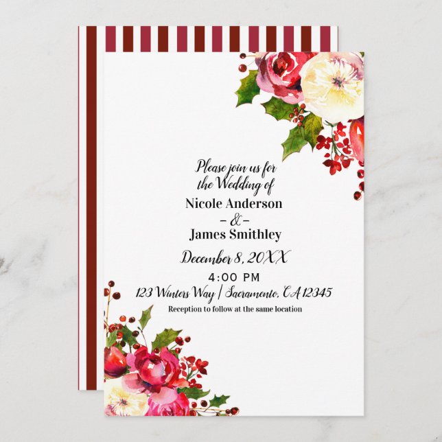 Christmas Holiday Modern Winter Wedding Floral Invitation (Front/Back)