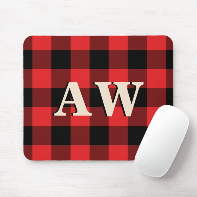Christmas Holiday Monogram Red Black Gingham Mouse Pad (With Mouse)
