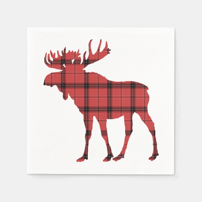 Christmas Holiday Moose Red Plaid Tartan Pattern Napkin (Front)