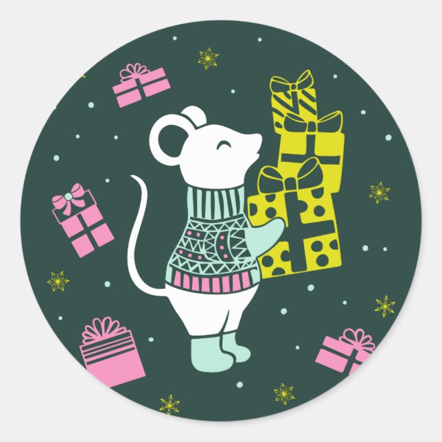 Christmas Holiday Mouse with Presents Illustration Classic Round Sticker (Front)