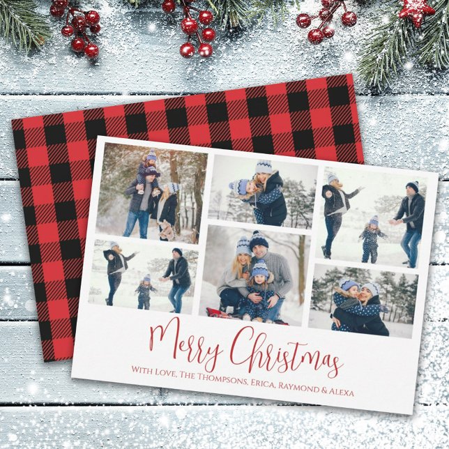 Christmas Holiday Multi 6 Photo Buffalo Plaid  (Merry Christmas red and black buffalo check multi-photo greeting card. )