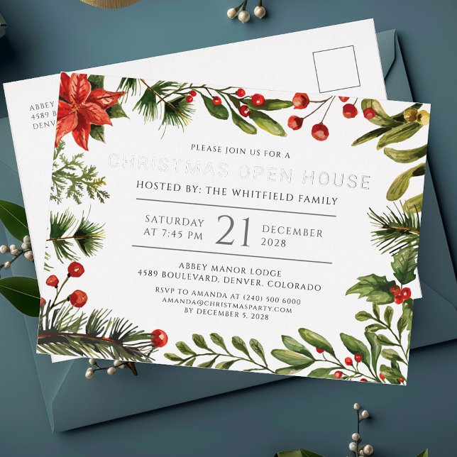 Christmas Holiday Open House Botanical Silver Foil Invitation Postcard (Christmas Botanical Red Berris Party Invitation Card)
