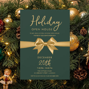 Christmas Holiday Open House Gold Bow Green Invitation
