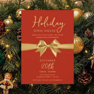 Christmas Holiday Open House Gold Bow Red  Invitation