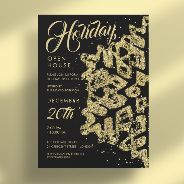 Christmas Holiday Open House Gold Glitter Black Invitation (Christmas Holiday Open House Gold Glitter Black Invitation)