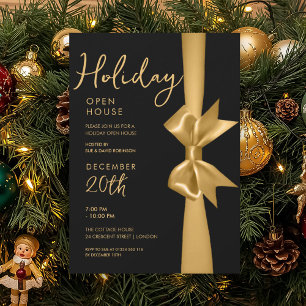 Christmas Holiday Open House Gold Ribbon Black Invitation