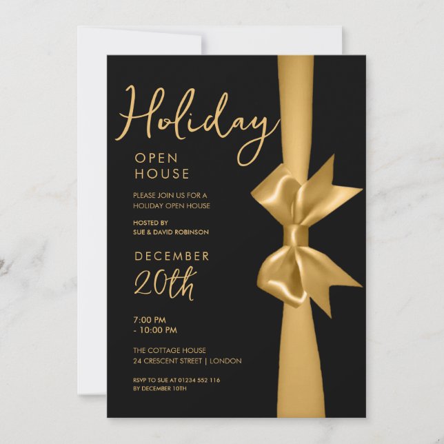 Christmas Holiday Open House Gold Ribbon Black Invitation (Front)