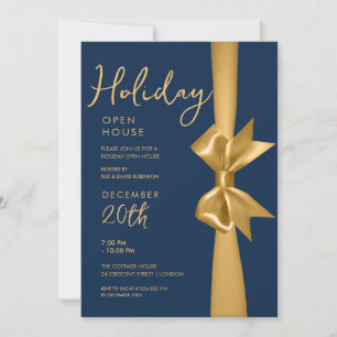 Christmas Holiday Open House Gold Ribbon Navy  Invitation